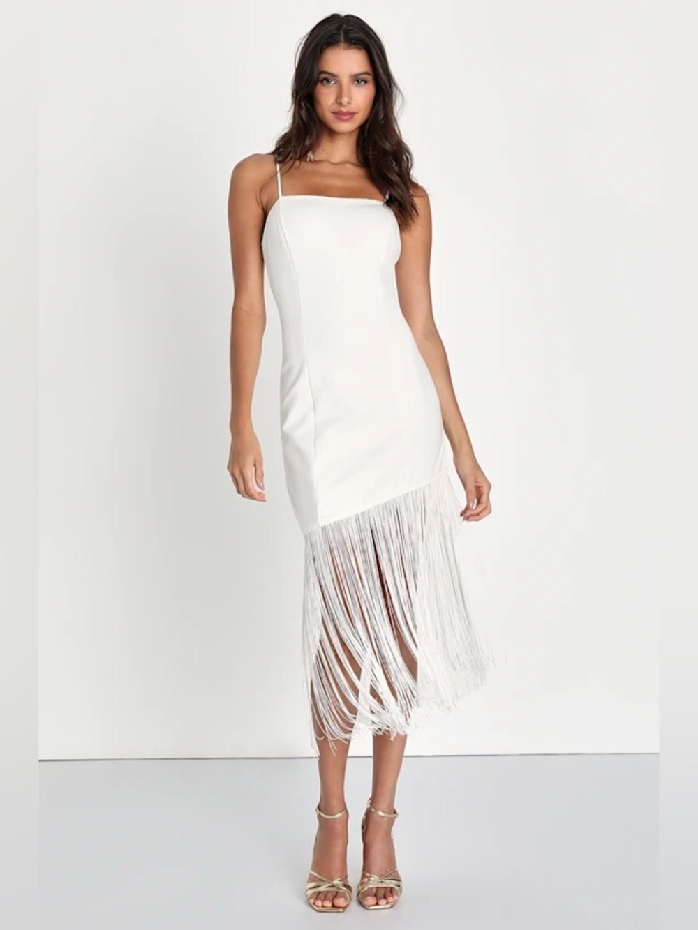 LULUS Famous Love White Sleeveless Fringe Midi Dress S